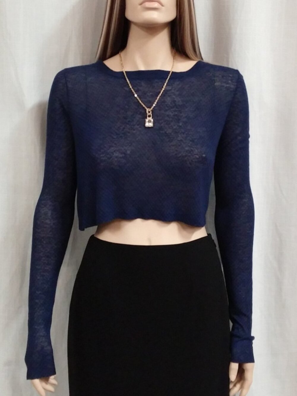 Inhabit Sheer Blue Herringbone Crop Top Y2K Lightweight Knit Sz M